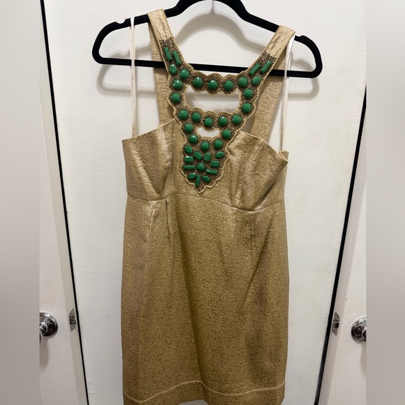 Shoshanna Dresses & Skirts - Shoshanna Gold Strapless Dress with Green Embellishments